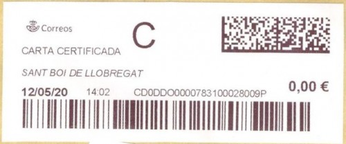 Etiqueta térmica digital. Nuevo Correos. Sant Boi de Llobregat. Carta certificada C. 2020-05-12. 14.02. 4,1x10. 0,00 euros. 0. Baja.jpg