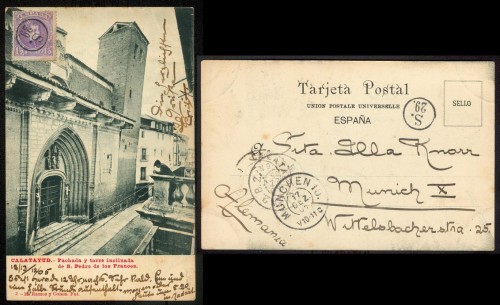 Tarjeta postal circulada de Calatayud a Munich con marca S.29 dentro de circulo - fechador de Calatayud y fechadores alemanes al dorso.jpg
