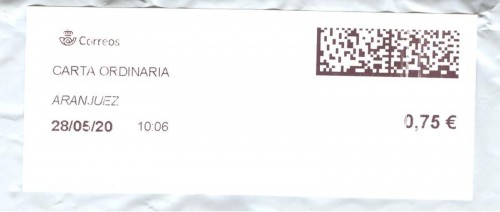 Etiqueta térmica digital. Nuevo Correos. Aranjuez. Carta ordinaria. 2020-05-28. 10.06. 4,1x10. 0,75 euros. Baja.jpg