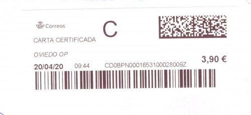 Etiqueta térmica digital. Nuevo Correos. Oviedo OP. Carta certificada. 2020-04-20. 09.44. 4,1x10. 3,90 euros. Baja.jpg