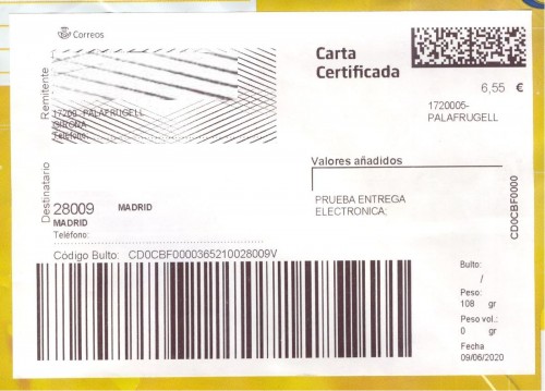 Etiqueta Grande. Nuevo Correos. Paq Estándar. No indica (Baeza, sin precisar). 291521. Domicilio. No lleva franqueo. 10x14,7. 2020-03-16. Baja.jpg