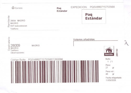 Etiqueta Grande. Nuevo Correos. Paq Estándar. No indica (Madrid, sin precisar). 285150. Domicilio. No lleva franqueo. 10x14,9. 2020-03-11. Baja.jpg