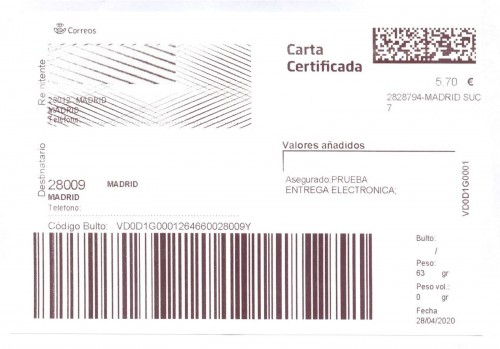 Etiqueta Grande. Nuevo Correos. Carta certificada. 2828794-Madrid Suc 7. Inicio código. Asegurado. Prueba Entrega Electronica. 5,70. 10x14,7. 2020-04-28. Baja.jpg