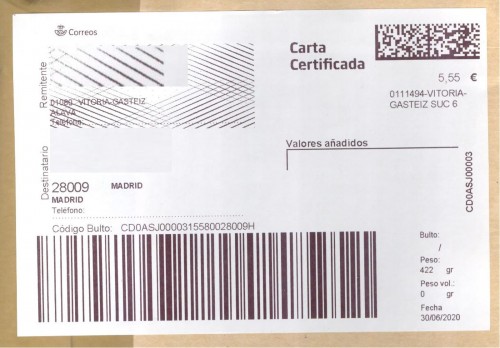 Etiqueta Grande. Nuevo Correos. Carta certificada. 0111494-Vitoria-Gasteiz Suc 6. Inicio código. 5,55. 10x14,7. 2020-06-30. Baja.jpg