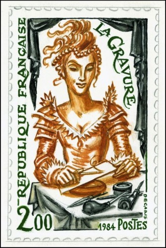 Diseño adoptado (Musée de La Poste, París) de Albert Decaris para el sello francés de 1984 que él mismo grabó a buril. Imagen procedente de la página artdutimbregrave.com