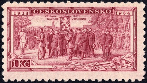 Checoslovaquia, 1934, XX Aniversario de las Legiones checoslovacas, Juramento de la compañía &quot;Rota Nazdar&quot; en Bayona. Diseño de Václav Fiala y grabado de Karl Seizinger; impresión en calcografía