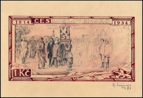 Dibujo de Karl Seizinger de uno de sus sellos de las Legiones de 1934, probablemente realizado con posterioridad a la emisión; lápiz y acuarela, 15.2 x 7.8 cm
