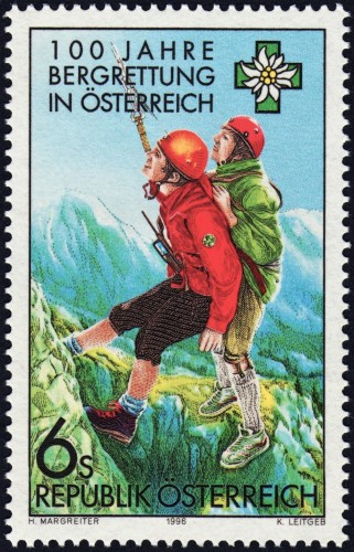 Austria, 1996, Centenario del Servicio de Rescate de Montaña nacional. Sello diseñado por Hannes Margreiter y grabado por Kurt Leitgeb. Impresión combinada en calcografía y huecograbado