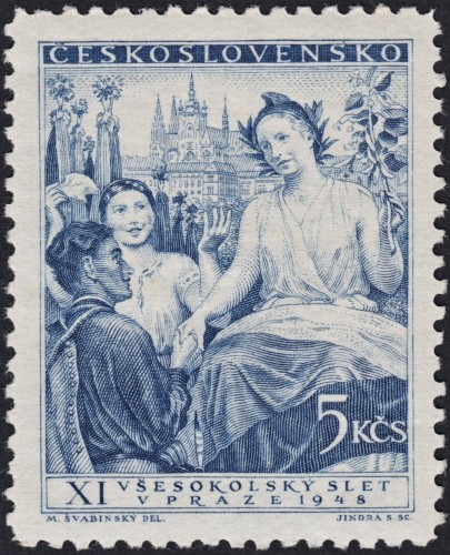 Checoslovaquia, 1948, XI Congreso del Movimiento Sokol (3 valores). Sello diseñado por Max Švabinský y grabado por Jindra Schmidt. Impresión en calcografía
