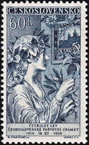 Sello emitido por Checoslovaquia en 1958 con ocasión del 40 aniversario de los primeros sellos nacionales, con un gran diseño de Max Švabinský que grabó Jindra Schmidt. Impresión en calcografía