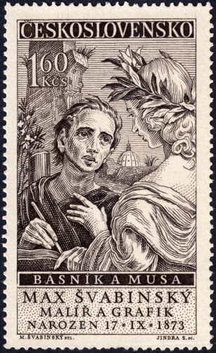 Checoslovaquia, 1958, 85 cumpleaños de Max Švabinský. Sello diseñado por Max Švabinský utilizando una xilografía propia de 1931 (“El poeta y la musa”), y grabado por Jindra Schmidt. Impresión en calcografía
