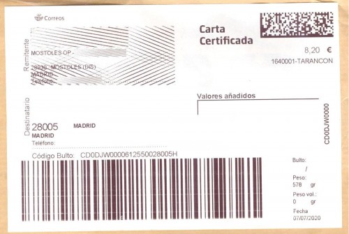 Etiqueta Grande. Nuevo Correos. Carta certificada. 1640001-Tarancon. Inicio código. 8,20. 10x14,8. 2020-76-07. Baja.jpg