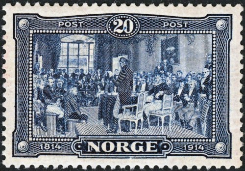 Noruega, 1914, Centenario de la Asamblea Constituyente reunida en Eidsvoll. Sello grabado por Ferdinand Schirnböck. Impresión en calcografía; 3 valores emitidos