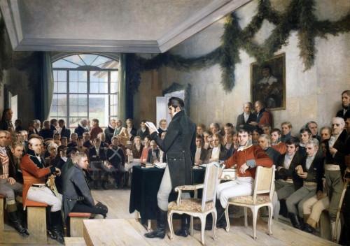 “La Asamblea Constituyente reunida en Eidsvoll en 1814”, pintura de Oscar Wergeland (1885); óleo sobre lienzo, 400 x 285 cm