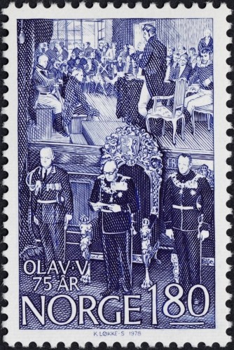 Noruega, 1978, 75 Cumpleaños del rey Olaf V; discurso anual en el Parlamento de Noruega. Sello diseñado y grabado por Knut Løkke-Sørensen. Impresión en calcografía