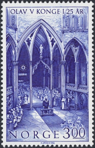 Noruega, 1982, 25 aniversario del reinado de Olaf V (Misa de Consagración de 1957, Catedral de Nidaros). Sello diseñado y grabado por Knut Løkke-Sørensen. Impresión en calcografía