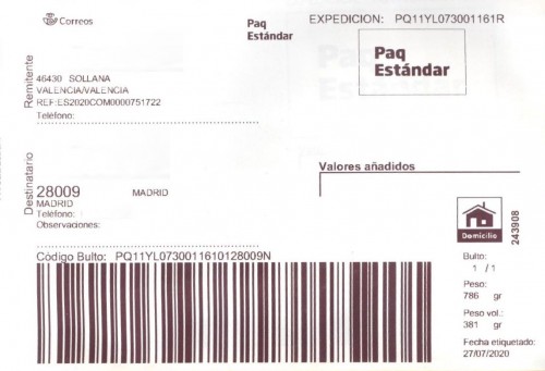 Etiqueta Grande. Nuevo Correos. Paq Estándar. No indica (Sollana, sin precisar). 243908. Domicilio. Sin franqueo. 10x14,7. 2020-07-27. Baja.jpg