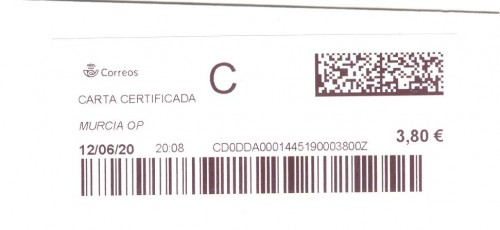 Etiqueta térmica digital. Nuevo Correos. Murcia OP. Carta certificada. 2020-06-12. 20.08. 4,2x10. 3,80 euros.jpg