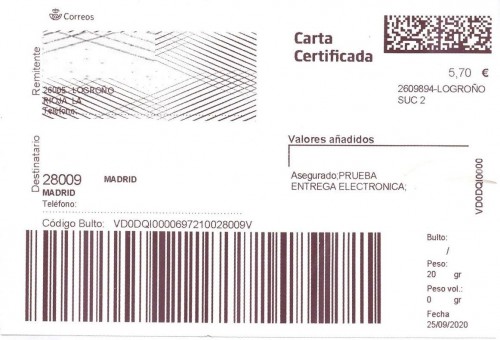 Etiqueta Grande. Nuevo Correos. Carta certificada. 2609894-Logroño Suc 2. Inicio código. Asegurado. Prueba Entrega Electronica. 5,70. 10x14,6. 2020-09-25. Baja.jpg