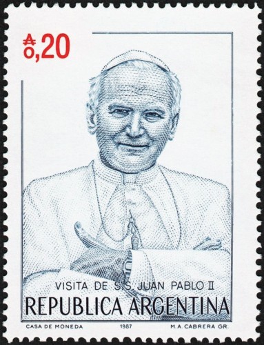 Argentina, 1987, Juan Pablo II. Sello grabado por Adelma Cabrera. Calcografía