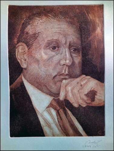 Retrato de René Favaloro, grabado por Adelma Cabrera en talla dulce y aguatinta, 24 x 17.5 cm. Año 2020