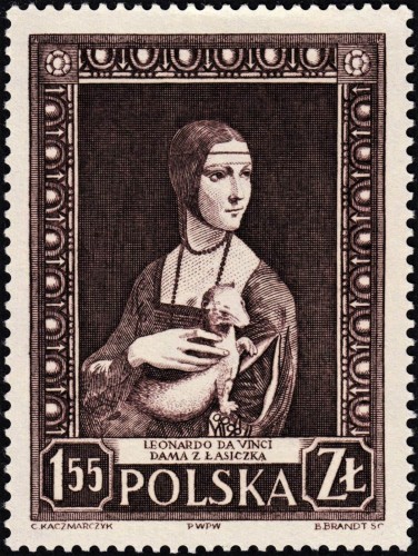 Polonia, 1956, Semana Internacional de los Museos (Unesco), Arte. La dama del armiño, pintura atribuida a Leonardo da Vinci. Sello diseñado por Czesław Kaczmarczyk y grabado por Bogusław Brandt. Calcografía
