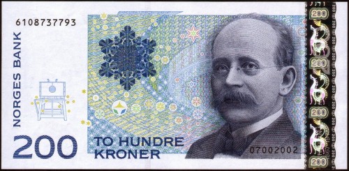 Billete noruego de 200 coronas (1994-2013) cuyo retrato de Birkeland grabó Sverre Morken. Imagen procedente de la página worldbanknotescoins.com