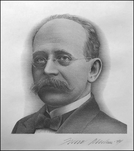 Retrato del físico e inventor Kristian Olaf Bernhard Birkeland que Sverre Morken grabó en 1994, y que se utilizó en el billete de 200 coronas puesto en circulación durante los años siguientes (7ª edición)