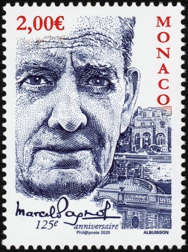 Mónaco, 2020, Marcel Pagnol. Sello diseñado y grabado por Pierre Albuisson. Calcografía