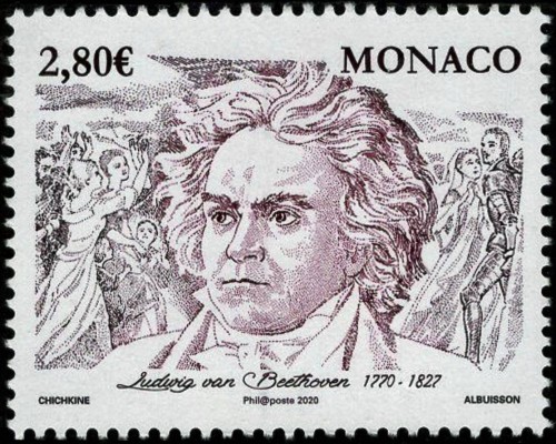 Mónaco, 2020, Beethoven. Sello diseñado por Gueorgui Chichkine y grabado por Pierre Albuisson. Calcografía