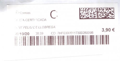 Etiqueta térmica digital. Nuevo Correos. Sant Feliu de Llobregat. Carta certificada. 2020-10-05. 08.39. 4,1x10. 3,90 euros.jpg