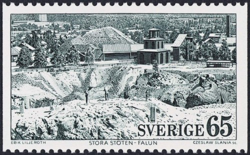 Suecia, 1973, Mina de cobre de Falun. Sello grabado por Czeslaw Slania, utilizando en el proceso de diseño la fotografía anterior de Erik Liljeroth. Impresión en calcografía