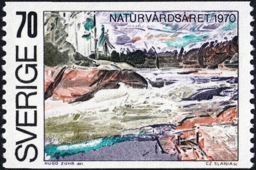 Suecia, 1970, Año Europeo de Conservación de la Naturaleza. Sello grabado por Czeslaw Slania teniendo a la vista la litografía anterior de Hugo Zuhr (1895-1971). Impresión en calcografía; 2 valores emitidos
