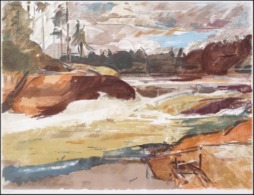 “Rápidos del río Ljungan”, litografía en color de Hugo Zuhr (1895-1971). Zuhr también pintó una versión al óleo de esta obra