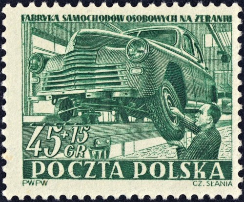 Polonia, 1952, Cadena de montaje en Żerań. Sello grabado por Czeslaw Slania; 2 valores calcográficos emitidos