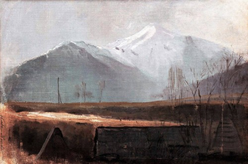 Ferdinand Katona, &quot;Primavera temprana en los Tatras Belianske&quot;; óleo sobre lienzo, 33.5 x 22.5 cm