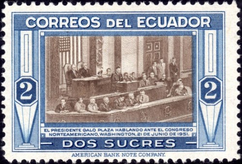 Ecuador, 1952, Visita del Presidente Galo Plaza Lasso a Estados Unidos, en la imagen en el Congreso. Viñeta grabada por Joseph Keller. Calcografía. Imagen procedente de la página engravedstamps.net