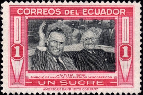 Ecuador, 1952, Visita del Presidente Galo Plaza Lasso a Estados Unidos, en la imagen con Harry S. Truman. Viñeta grabada por William F. Ford. Calcografía. Imagen procedente de la página engravedstamps.net