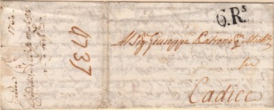 1760 (24 Marzo) Génova a Cádiz_Porteada con 6 reales, según tarifa para cartas simples de 51 cuartos (6 reales) específica para Cádiz  en cartas del extranjero, con vigor entre 1756 y 1779