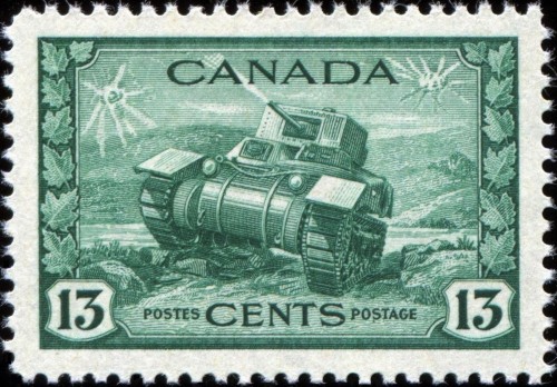 Canadá, 1942, Tanque Ram del ejército canadiense. Sello diseñado por Herman Herbert Schwartz, grabando William F. Ford la viñeta y Edward T. Mackavoy el marco. Impresión en calcografía
