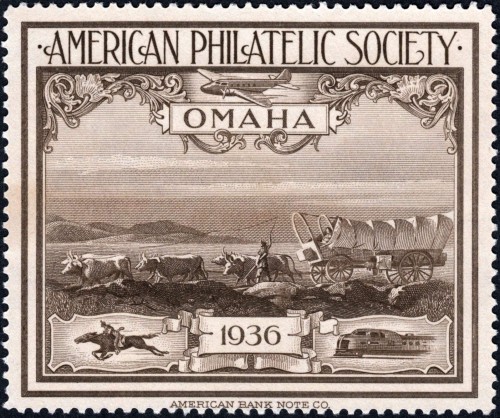 Viñeta calcográfica confeccionada por la American Bank Note en 1936 para celebrar la Exhibición de la American Philatelic Society en Omaha. Imagen de la viñeta grabada por William F. Ford