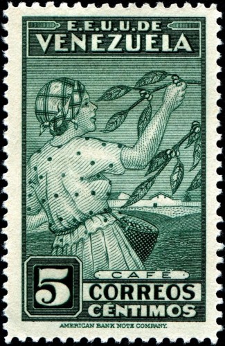 Venezuela, 1938; Recolección de granos de café. Sello grabado por grabó William F. Ford. Impresión en calcografía; 5 valores emitidos