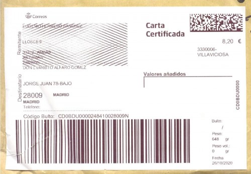 Etiqueta Grande. Nuevo Correos. Carta certificada. 3330006-Villaviciosa. Inicio código. 8,20. 10x14,7. 2020-10-26. Baja.jpg