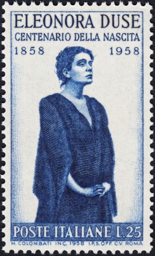 Italia, 1958; Eleonora Duse. Sello grabado por Mario Colombati. Impresión en calcografía