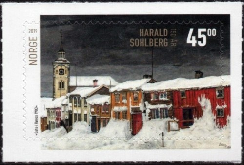 Noruega, 2019, Harald Sohlberg, 150 aniversario de su nacimiento. Pintura &quot;Calle de Røros en invierno&quot;. Sello diseñado por Camilla Kvien Jensen. Impresión en offset