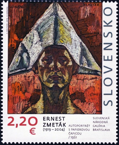 Eslovaquia, 2019, Arte. Ernest Zmeták, “Autorretrato con sombrero de papel”. Sello diseñado por Vladislav Rostoka y grabado por František Horniak. Impresión mixta en calcografía y offset
