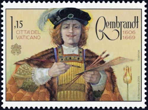 Vaticano, 2019, 350 aniversario de la muerte de Rembrandt. Sello diseñado por Marina Richterová. Impresión en offset