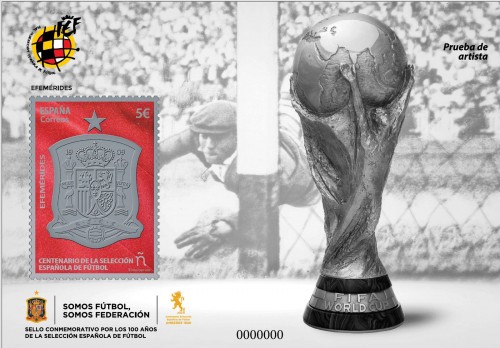 2020-09-16. Efemérides. Centenario de la Selección española de Fútbol. Prueba de artista. Boceto. Con sello cromático rojo. Baja.jpg