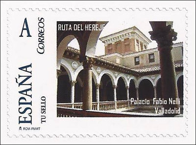 Sello personalizado. Valladolid. 2011. Exfilna 2011. Ruta del Hereje. Reedición. 03. Palacio Fabio Nelli.jpg