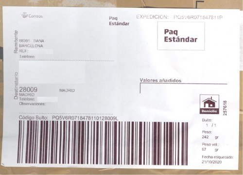 Etiqueta Grande. Nuevo Correos. Paq Estándar. No indica (Alicante, sin precisar). 309470. Domicilio. Sin franqueo. 10x14,6. 2020-10-27. Baja.jpg